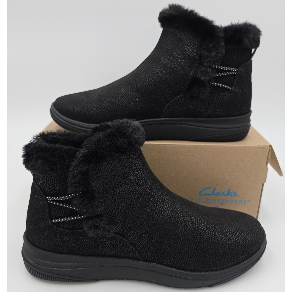 Clarks Cloudsteppers Breeze Fur Black Faux Fur Ankle Boots Womens Size 7 NWB
